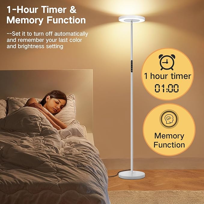 OUTON LED Torchiere Floor Lamp, Super Bright Dimmable Tall Standing Lamp with Remote Touch Control, 4 Color Temperatures, 1-Hour Timer for Living Room, Bedroom, Office (Light Grey) - LeafyLoom