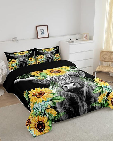 Highland Cow Bedding Set Kids Sunflower Floral Western Cow Bull Comforter Set for Girls Teens Farmhouse Wildlife Animal Comforter Black Duvet Set Room Decor Quilt Set Twin Size - LeafyLoom