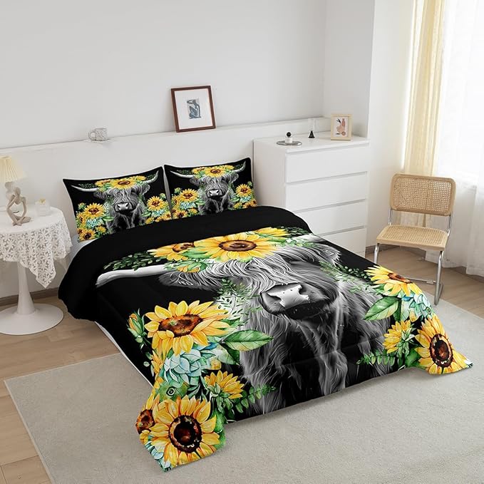 Highland Cow Bedding Set Kids Sunflower Floral Western Cow Bull Comforter Set for Girls Teens Farmhouse Wildlife Animal Comforter Black Duvet Set Room Decor Quilt Set Twin Size - LeafyLoom