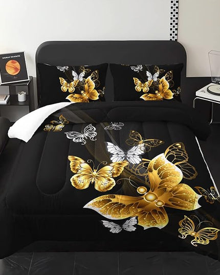 Butterfly Comforter Set for Adults Black and Gold Butterfly Bedding Set Aesthetics Butterflies Quilt Duvet Set Full Size with 1 Comforter and 2 Pillowcases - LeafyLoom