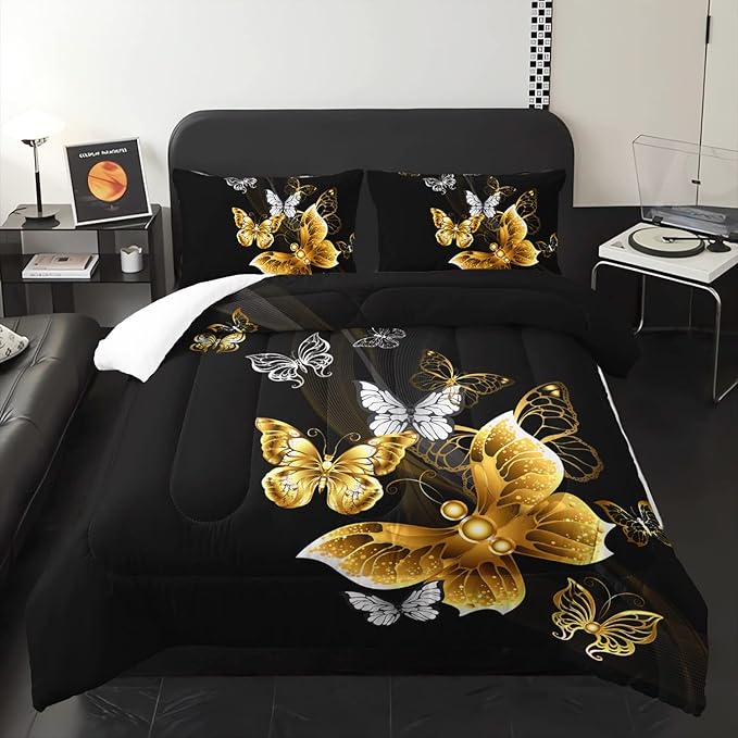Butterfly Comforter Set for Adults Black and Gold Butterfly Bedding Set Aesthetics Butterflies Quilt Duvet Set Full Size with 1 Comforter and 2 Pillowcases - LeafyLoom