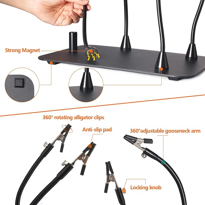 10X Magnifying Glass with Light and Stand,KUVRS 2200 IM 3-Color LED Magnifying Lamp, Magnetic Helping Hands, Adjustable Arm Large Base & Clamp Magnifier with Light for Soldering Craft Hobby Close Work - LeafyLoom
