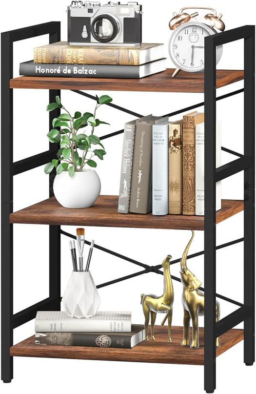 Yoobure Bookshelf Small Book Shelf, Solid Industrial 3 Tier Shelf Bookcase, Short Book Case for Bedroom, Living Room, Office Home, Small Spaces, Berry Brown - LeafyLoom