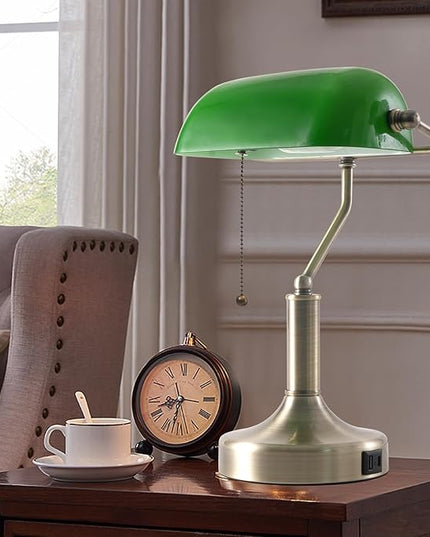 Banker Desk Lamp Green Glass, Antique Desk Lamps with Brass Base, Traditional Library Table Lamp with USB A and Type C Charging Port for Office, Study Room, Pull Chain Switch - LeafyLoom