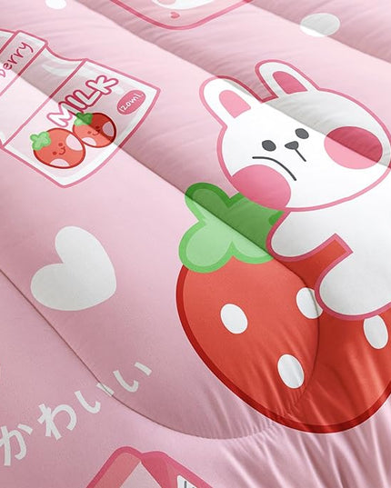 Strawberry Rabbit Comforter Set for Kids Teens Girls Women,Pink Bunny Kids Comforter,1 Comforter with 2 Pillowcase, Microfiber 3 Piece Bedding Set,for All Seasons(Pink，King Size) - LeafyLoom