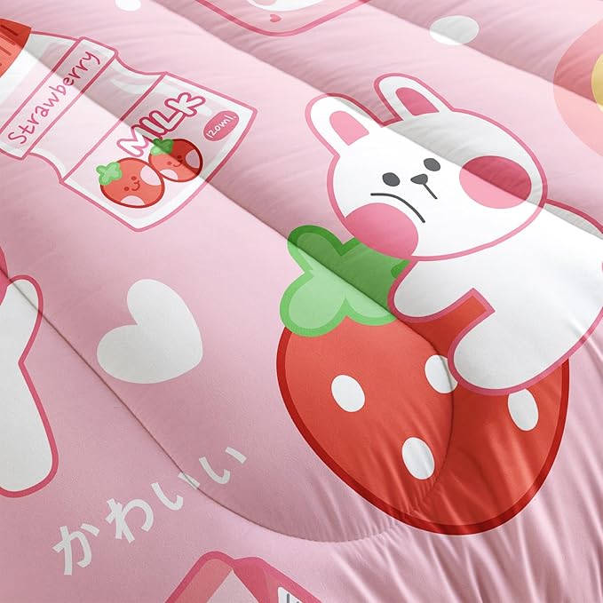 Strawberry Rabbit Comforter Set for Kids Teens Girls Women,Pink Bunny Kids Comforter,1 Comforter with 2 Pillowcase, Microfiber 3 Piece Bedding Set,for All Seasons(Pink，Twin Size) - LeafyLoom