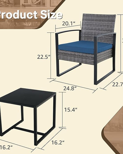 3 Pieces Patio Furniture Set, Outdoor Patio Set, Patio Bistro Set, All-Weather Wicker Conversation Set with Cushions Table for Porch Backyard (Gray-Blue) - LeafyLoom