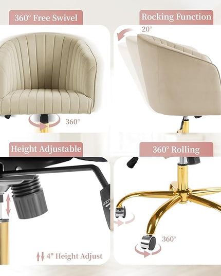 Home Office Desk Chair, Swivel Velvet Office Chair with Arms, Modern Computer Desk Chairs with Wheels, Comfy Wide Armchair for Living Room, Bedroom, Study, Vanity Room, Tan - LeafyLoom
