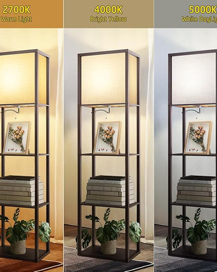 Floor Lamp with Shelves Plus, 4-Tier Modern Shelf Floor Lamp with 2700 4000K 5000K Color Selectable, Display Lamp for Living Room Bedroom Office, 15W LED Bulb(Walnut). - LeafyLoom