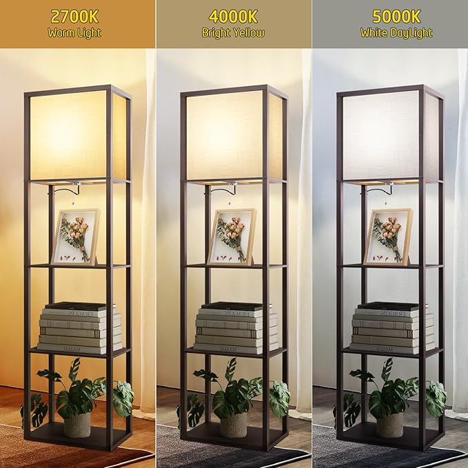 Floor Lamp with Shelves Plus, 4-Tier Modern Shelf Floor Lamp with 2700 4000K 5000K Color Selectable, Display Lamp for Living Room Bedroom Office, 15W LED Bulb(Walnut). - LeafyLoom