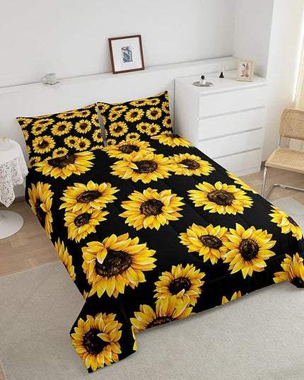 3D floral Comforter Set Queen for Kids Girls Women Yellow Flowers Bedding Set Sunflower Pattern Decor Quilted Duvet Set Botanical Floral Print on Black Down Comforter Garden Bloom Bed with pillowcases - LeafyLoom