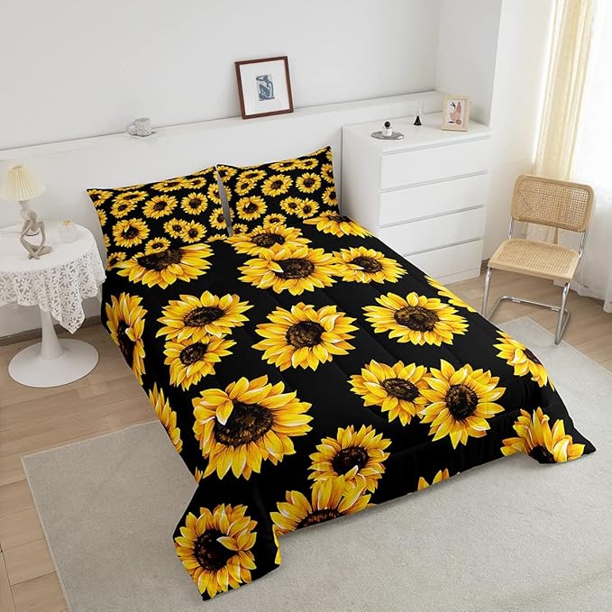 3D floral Comforter Set Queen for Kids Girls Women Yellow Flowers Bedding Set Sunflower Pattern Decor Quilted Duvet Set Botanical Floral Print on Black Down Comforter Garden Bloom Bed with pillowcases - LeafyLoom