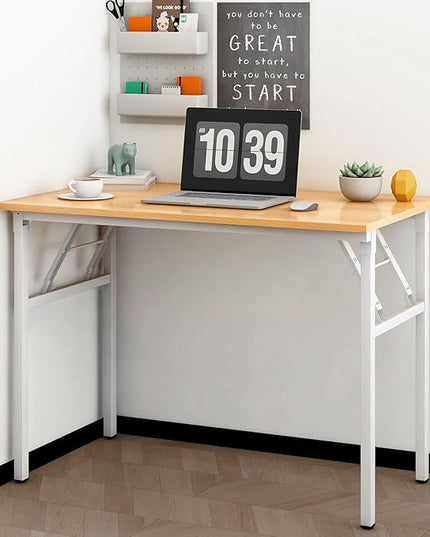 Need Folding Desk for Home Office 39-3/8 inch Length Modern Folding Table Computer Desk No Install Needed Teak Color Desktop White Frame AC5BW(100 * 60) - LeafyLoom