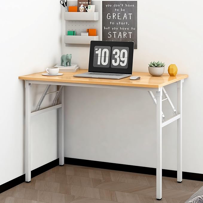 Need Folding Desk for Home Office 39-3/8 inch Length Modern Folding Table Computer Desk No Install Needed Teak Color Desktop White Frame AC5BW(100 * 60) - LeafyLoom