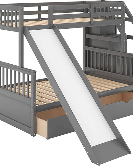 Multifunction Twin Over Full Bunk Bed with Storage Staircase/Two Drawers/Slide/High Guardrail, Solid Wood Bunkbed Furniture for Kids/Teens Bedroom, No Box Spring Needed, Gray - LeafyLoom