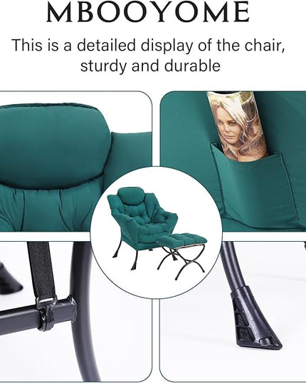 Lazy Chair with Ottoman, Modern Accent Chair Contemporary Lounge Leisure Upholstered Sofa Chair Set with Armrests, Reading Chair for Living Room, Bedroom, Office, Dark Green - LeafyLoom