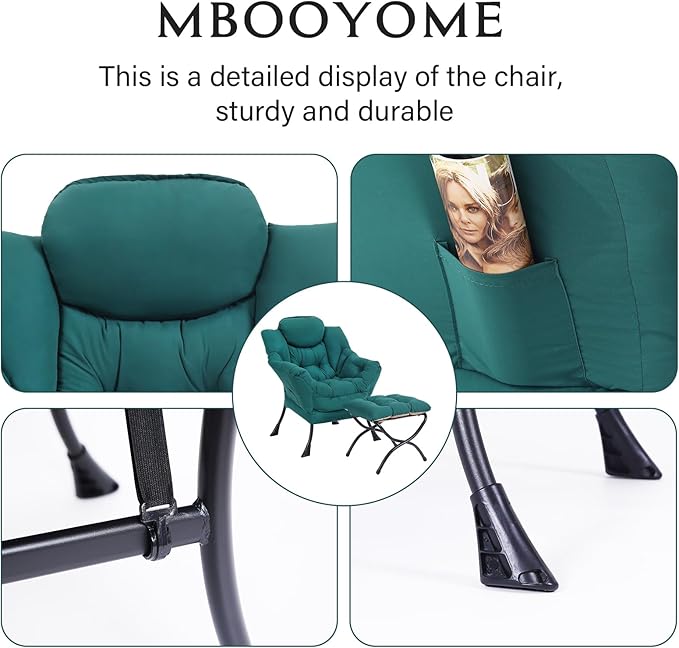 Lazy Chair with Ottoman, Modern Accent Chair Contemporary Lounge Leisure Upholstered Sofa Chair Set with Armrests, Reading Chair for Living Room, Bedroom, Office, Dark Green - LeafyLoom
