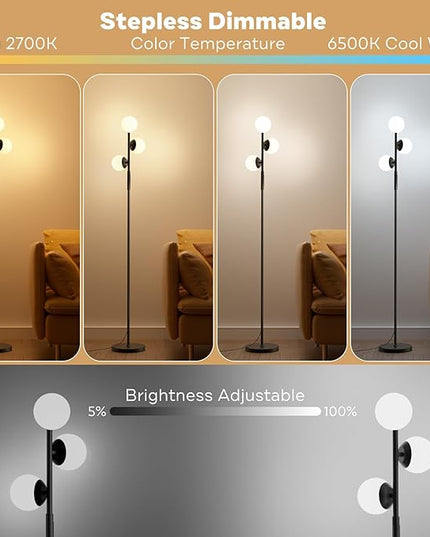 RGBCW Floor Lamp, 3 Globe Bright Color Changing RGB Standing Lamp with Remote, Modern Stepless Dimmable LED Tall Floor Lamps for Living Room Bedroom Office, 30W, 2700-6500K, Black - LeafyLoom