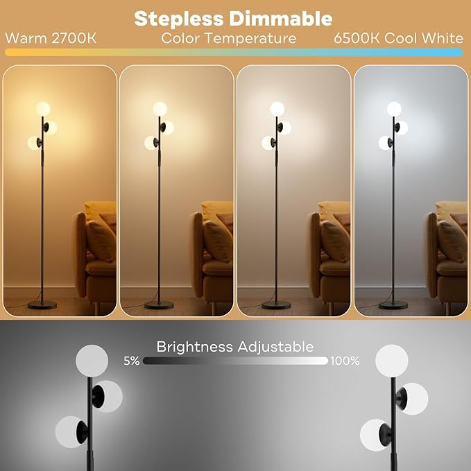 RGBCW Floor Lamp, 3 Globe Bright Color Changing RGB Standing Lamp with Remote, Modern Stepless Dimmable LED Tall Floor Lamps for Living Room Bedroom Office, 30W, 2700-6500K, Black - LeafyLoom