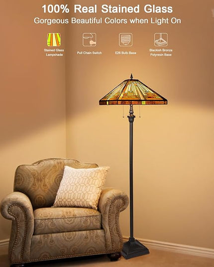 Capulina Tiffany Floor Lamp 2-Light 16X16X63 Inches Amber Brown Mission Antique Style Stained Glass Standing Reading Light for Living Room Bedroom Home Office - LeafyLoom