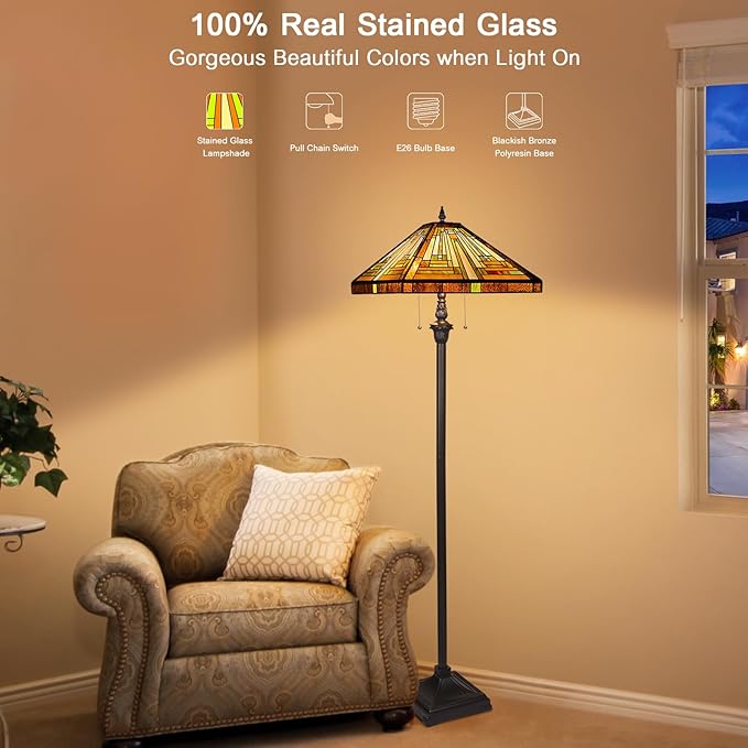 Capulina Tiffany Floor Lamp 2-Light 16X16X63 Inches Amber Brown Mission Antique Style Stained Glass Standing Reading Light for Living Room Bedroom Home Office - LeafyLoom