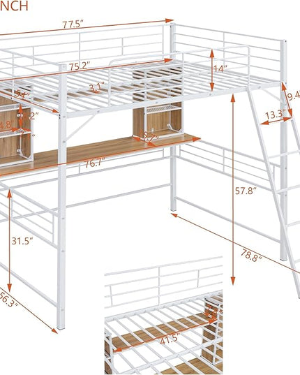 RITSU Full Size Loft Bed with Desk and Storage Shelves, Metal BedFrame,w/Ladder & Fenced Around Guardrails, Easy Assembly, for Adults, Kids, Teens, White - LeafyLoom