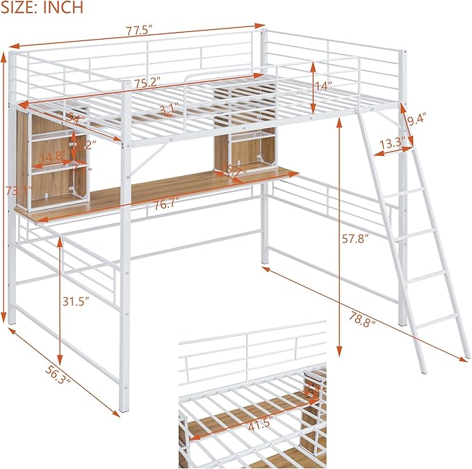 RITSU Full Size Loft Bed with Desk and Storage Shelves, Metal BedFrame,w/Ladder & Fenced Around Guardrails, Easy Assembly, for Adults, Kids, Teens, White - LeafyLoom