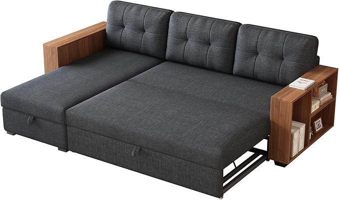 Convertible Sectional Couch with Pull Out Bed Chaise,L Shaped Sleeper Sofa W/Storage Cabinet Armrests & Removable Back Cushions,Living Room Furniture for Home,Office,Dark Grey,84" - LeafyLoom