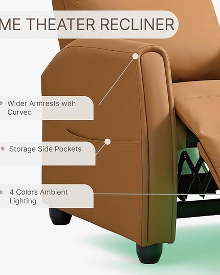 Recliner Chair for Adults PU Leather Push Back Armchair with 4 Colors Ambient Lighting Home Theater Seating with Massage & Heat Vibration Single Sofa for Living Room, Camel - LeafyLoom