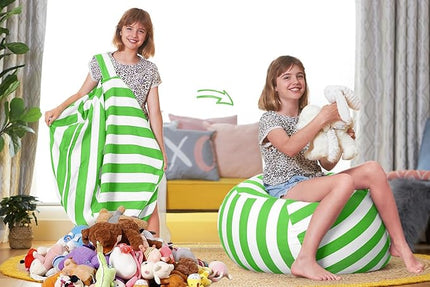 Aubliss Stuffed Animal Bean Bag Storage Chair, Beanbag Covers Only for Organizing Plush Toys, Turns into Bean Bag Seat for Kids When Filled, Medium 32"-Canvas Stripes Green/White - LeafyLoom