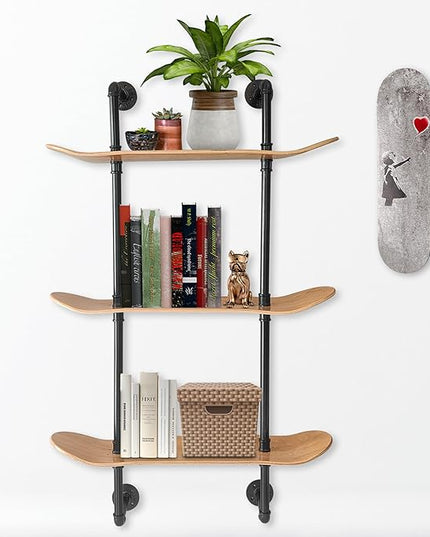 Industrial Shelves - 3 Tier Floating Shelf Bookcase with Mellow Concave Skateboard Decks - Natural Wood Stain Finish - Easy to Assemble - Bathroom Wall Decor, Book Shelf for Living Room - LeafyLoom