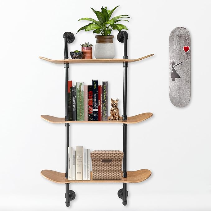 Industrial Shelves - 3 Tier Floating Shelf Bookcase with Mellow Concave Skateboard Decks - Natural Wood Stain Finish - Easy to Assemble - Bathroom Wall Decor, Book Shelf for Living Room - LeafyLoom