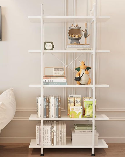 Bookshelf 5 Tiers White Wooden Storage Shelf,Modern Open Display Storage Bookcase Book Organizer,Metal Bookshelf Standing Storage Shelf Tall Shelving Units for Home Office Study - LeafyLoom