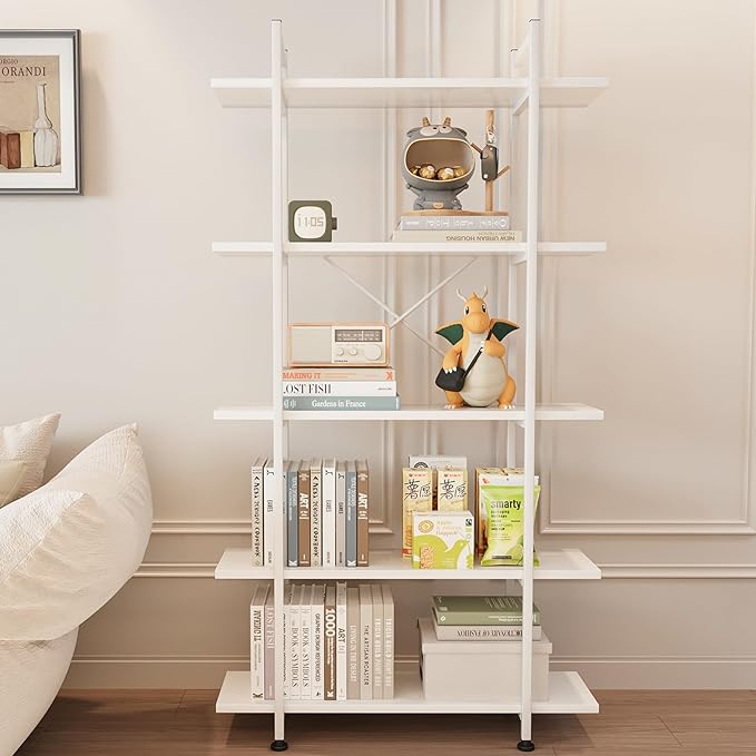 Bookshelf 5 Tiers White Wooden Storage Shelf,Modern Open Display Storage Bookcase Book Organizer,Metal Bookshelf Standing Storage Shelf Tall Shelving Units for Home Office Study - LeafyLoom