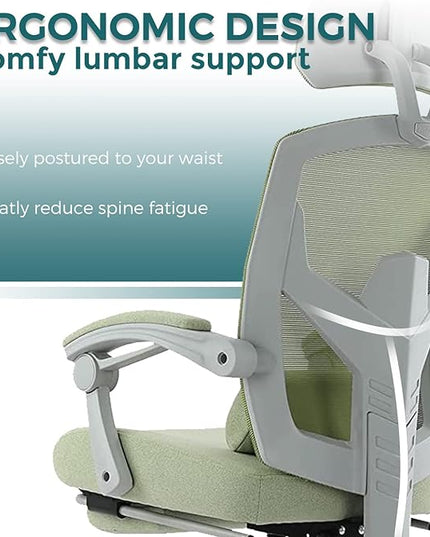 edx Ergonomic Office Chair, Reclining High Back Mesh Computer Desk Swivel Rolling Home Task Chair with Lumbar Support Pillow, Adjustable Headrest, Retractable Footrest and Padded Armrests, Green - LeafyLoom