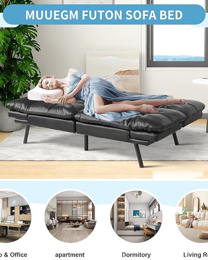 MUUEGM Futon Sofa Bed,Memory Foam Sofa Futon Couch Bed,Convertible 71" Couch Sofa,Faux Leather Sleeper Sofa with Adjustable Backrest for Living Room,Matte Black - LeafyLoom