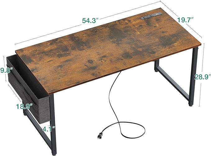 AODK 55 inch Small Computer Desk with Power Outlet for Small Spaces Home Office Student Laptop PC Writing Desks with Storage Bag Headphone Hook, Vintage - LeafyLoom