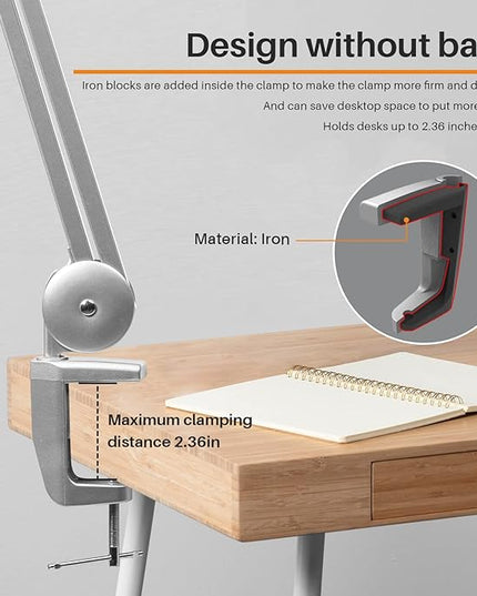 Task Lamp with Clamp, Bright 117PCS LEDs, Metal Swing Arm 24W 2200 Lumen Dimmable Led Desk Lamp for Architect Home Office Study Reading Dorm Workbench Craft, 23 Inch Lamp Head Work Lamp - LeafyLoom