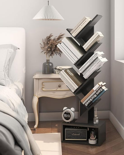 YMYNY 6 Tier Tree Bookshelf, Tall Bookcase, Wood Book Storage Rack with Drawer, Modern Floor Standing Book Shelf for Books/Movies/CDs, Utility Organizer for Living Room, Home Office, Black UHBC016B - LeafyLoom
