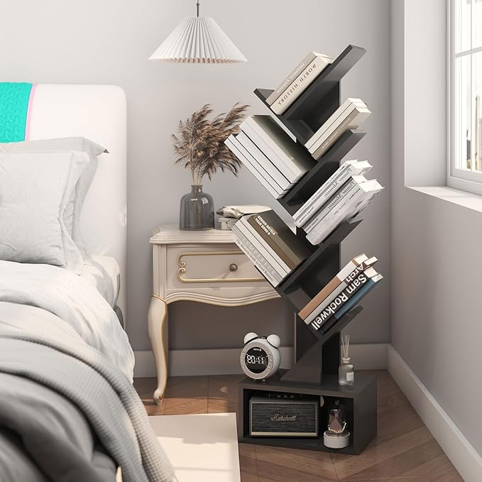YMYNY 6 Tier Tree Bookshelf, Tall Bookcase, Wood Book Storage Rack with Drawer, Modern Floor Standing Book Shelf for Books/Movies/CDs, Utility Organizer for Living Room, Home Office, Black UHBC016B - LeafyLoom