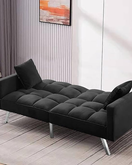Futon Sofa Bed Living Room Furniture Sets 74" Modern Convertible Folding Lounge Couch Loveseat Daybed Upholstered Sofá with 2 Pillows for Bedroom Apartment,Home Office,Black - LeafyLoom