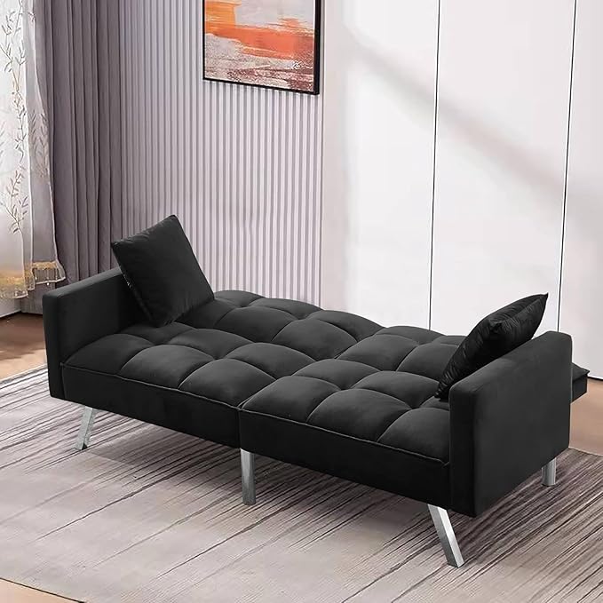 Futon Sofa Bed Living Room Furniture Sets 74" Modern Convertible Folding Lounge Couch Loveseat Daybed Upholstered Sofá with 2 Pillows for Bedroom Apartment,Home Office,Black - LeafyLoom