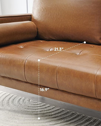 Vonanda 56" Loveseat Small Couch, Mid-Century 2 Seater Sofa Faux Leather Couch with Hand-Stitched Comfort Cushion and Bolster Pillows for Living Room, Loveseat Cognac Tan - LeafyLoom