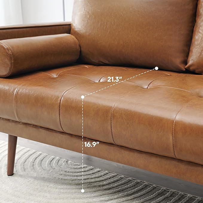 Vonanda 56" Loveseat Small Couch, Mid-Century 2 Seater Sofa Faux Leather Couch with Hand-Stitched Comfort Cushion and Bolster Pillows for Living Room, Loveseat Cognac Tan - LeafyLoom
