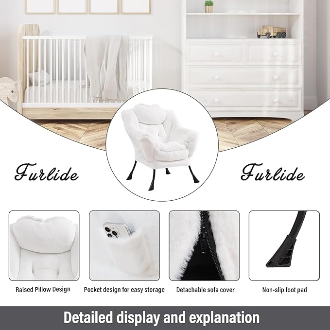 Lazy Chair with Ottoman, Modern Chair with Folding Footrest, Lounge Accent Chair, Comfortable Reading Chair (Plush White) - LeafyLoom