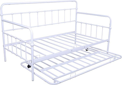 Twin Size Metal bed-Frame Daybed with trundle,Heavy Duty Steel Slat Support,Space Saving Sofa Bed,Modern 2 in 1 Sofa-Bed Frame for Kids Teens Adults,Bedroom Living Room Furniture,White - LeafyLoom