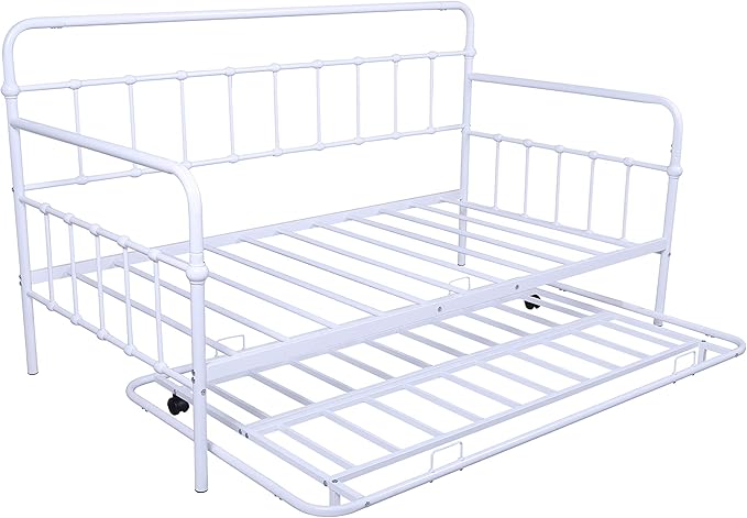 Twin Size Metal bed-Frame Daybed with trundle,Heavy Duty Steel Slat Support,Space Saving Sofa Bed,Modern 2 in 1 Sofa-Bed Frame for Kids Teens Adults,Bedroom Living Room Furniture,White - LeafyLoom