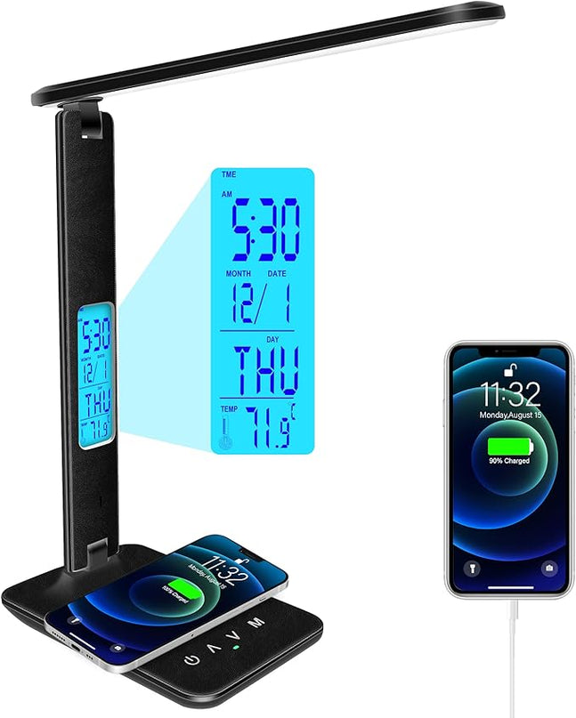 Desk Lamp with Wireless Charger, USB Charging Port, Dimmable Office Desk Light with Clock, Alarm, Date, Temperature, Foldable Lamp for Table Bedroom Bedside Office (Black) - LeafyLoom
