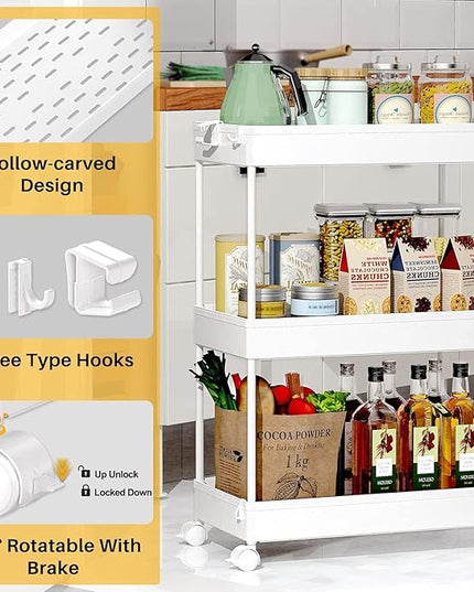 SPACEKEEPER Rolling Storage Cart 3 Tier, Bathroom Cart Organizer Laundry Room Organizer Utility Cart Mobile Shelving Unit Multi-Functional Shelves for Office, Kitchen, Bathroom, White - LeafyLoom