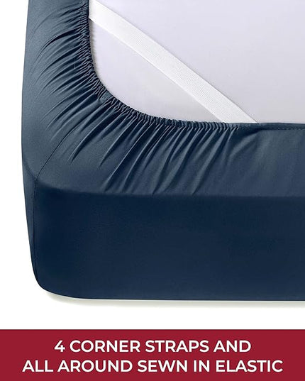 Mellanni RV Short Queen Sheets - 4 PC Iconic Collection Bedding Sheets & Pillowcases - Hotel Luxury, Extra Soft, Cooling Bed Sheets - Deep Pocket up to 10 inch (RV/Short Queen, Navy Blue) - LeafyLoom